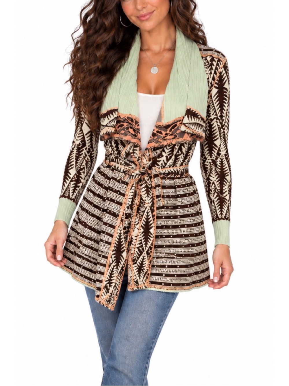 Gimmicks by BKE boho open-front cardigan featuring a brown, ivory, and peach